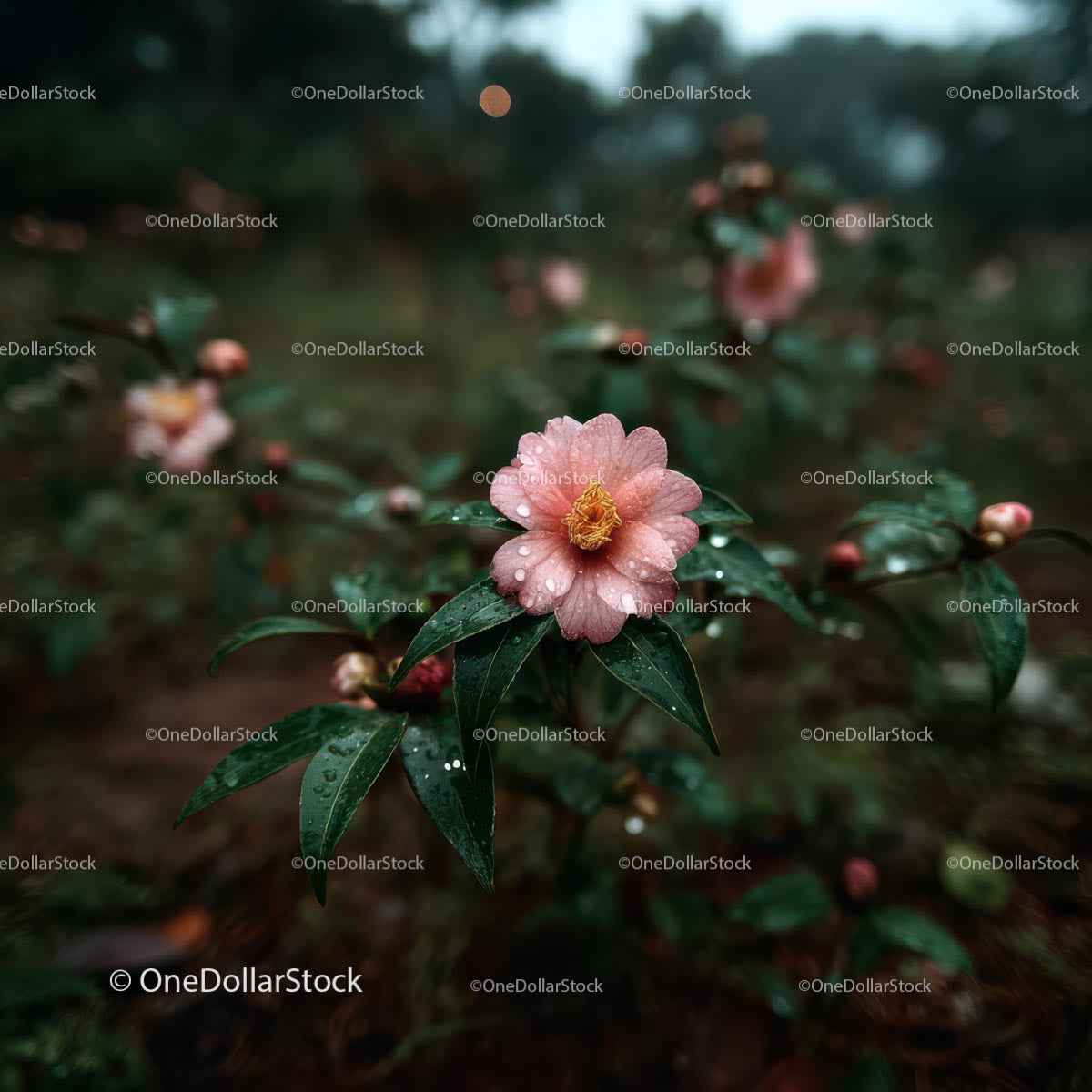 Pink Camellia Flower in Rainy Garden Setting