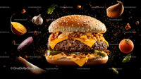 Gourmet Cheeseburger with Floating Ingredients
