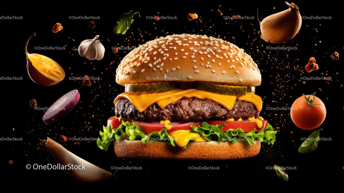 Delicious Gourmet Burger with Floating Ingredients
