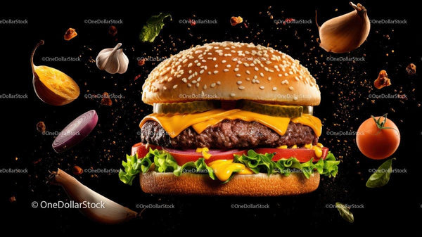 Delicious Gourmet Burger with Floating Ingredients