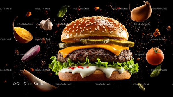Levitating Cheeseburger with Fresh Ingredients