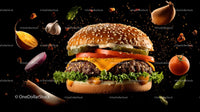 Juicy Cheeseburger with Fresh Ingredients on Black Background