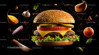 Gourmet Cheeseburger with Fresh Ingredients Flying