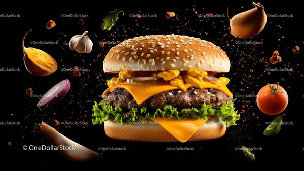 Gourmet Mouthwatering Cheeseburger with Fresh Garden Produce
