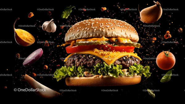 Gourmet Cheeseburger with Fresh Ingredients Floating Stock Photo Bundle (20 JPG Files)