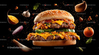 Gourmet Cheeseburger with Fresh Ingredients Floating
