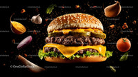 Delicious Cheeseburger with Flying Ingredients