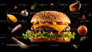 Juicy Cheeseburger with Fresh Ingredients on Black Background