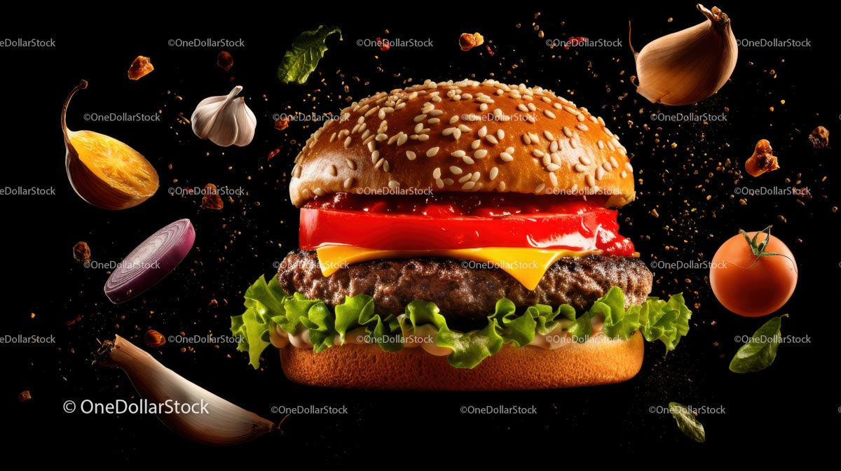 Gourmet Burger with Floating Ingredients
