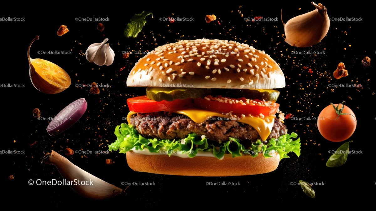 Delicious Burger with Floating Ingredients on Black Background