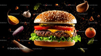 Delicious Burger with Floating Ingredients on Black Background