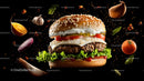 Floating Gourmet Burger with Fresh Ingredients
