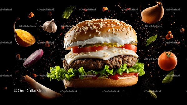 Floating Gourmet Burger with Fresh Ingredients