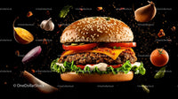 Gourmet Cheeseburger with Fresh Floating Ingredients