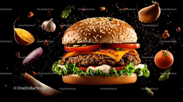 Gourmet Cheeseburger with Fresh Floating Ingredients