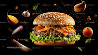Gourmet Cheeseburger with Fresh Ingredients Floating