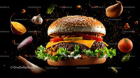 Gourmet Cheeseburger with Fresh Ingredients on Black Background