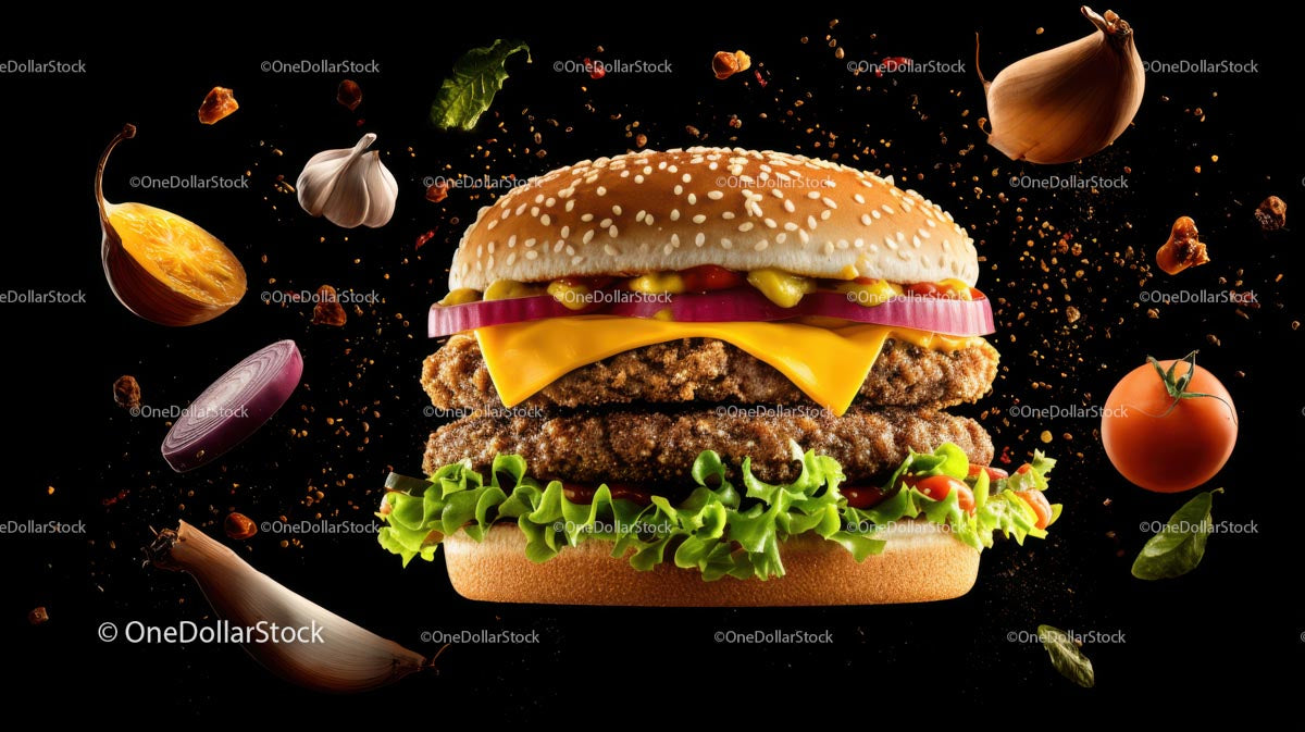 Gourmet Cheeseburger with Fresh Ingredients Floating