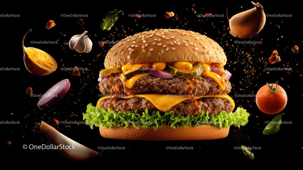 Gourmet Cheeseburger with Fresh Ingredients Floating