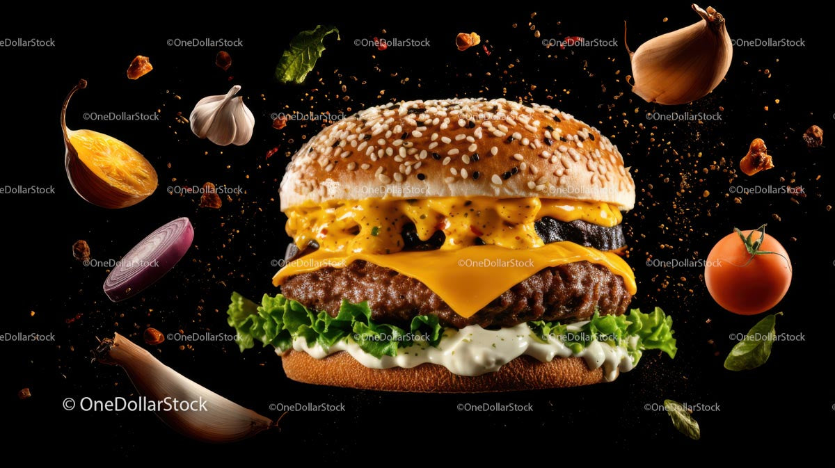 Gourmet Cheeseburger with Vibrant Floating Ingredients