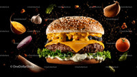 Gourmet Cheeseburger with Vibrant Floating Ingredients