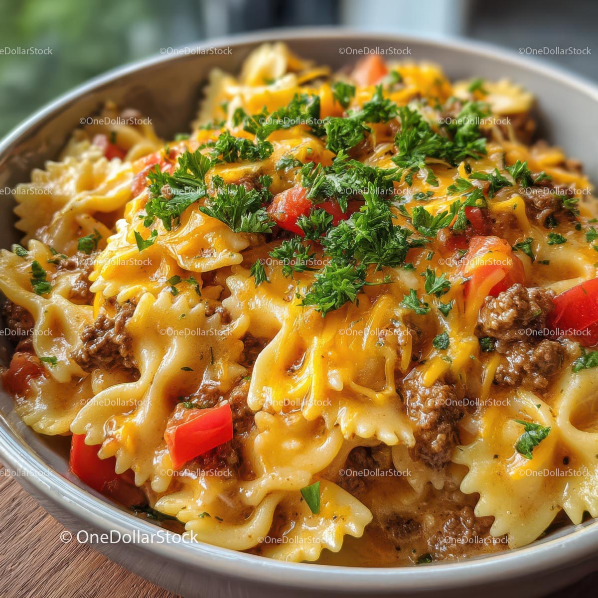 Bowtie Pasta with Cheesy Beef and Fresh Parsley (12 Images)