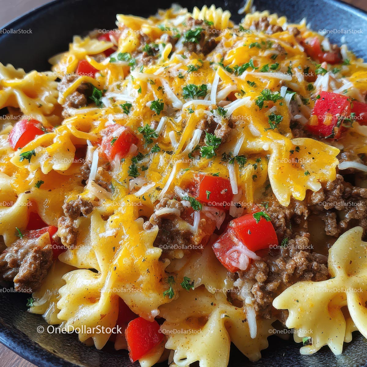 Cheesy Bowtie Pasta with Ground Beef and Peppers