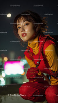 Young Woman in Vibrant Red Urban Outfit at Night