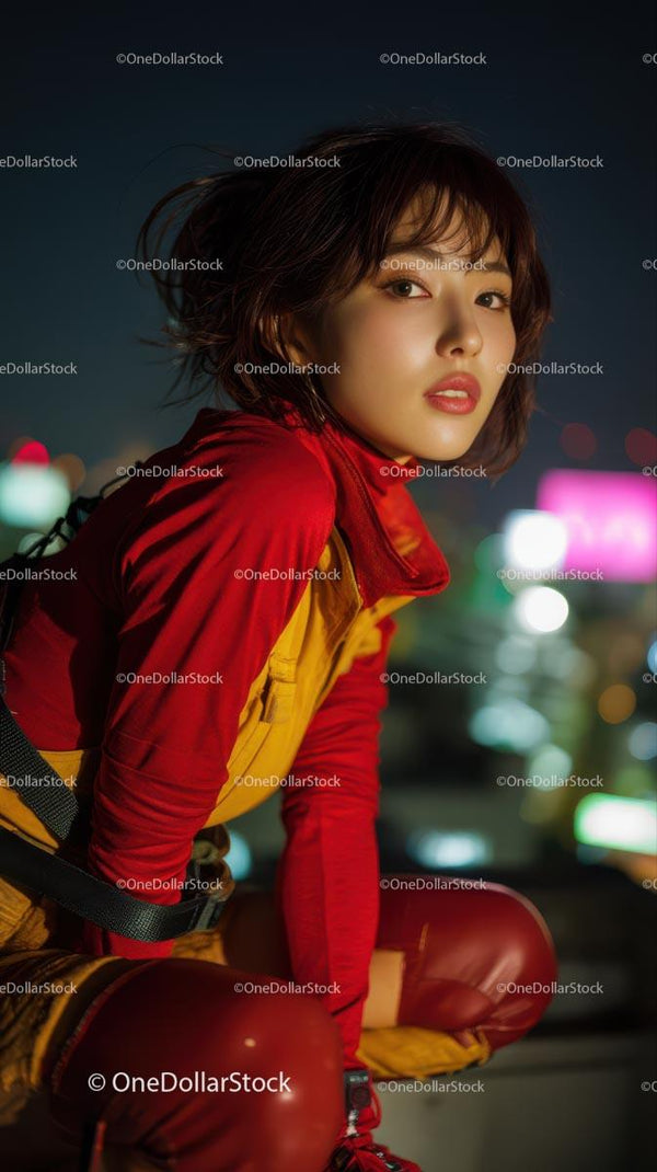 Confident Woman in Vibrant Red on Rooftop at Night