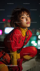 Young Woman in Vibrant Red Urban Outfit at Night