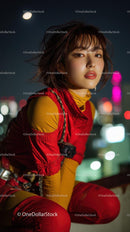Stylish Woman in Vibrant Red and Yellow Outfit at Night