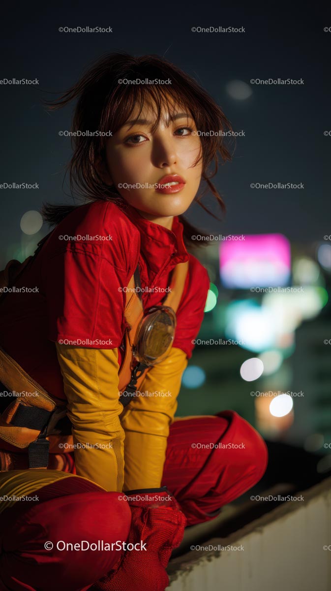 Young Woman in Vibrant Red Urban Outfit at Night
