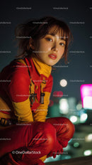Young Woman in Vibrant Red Urban Outfit at Night