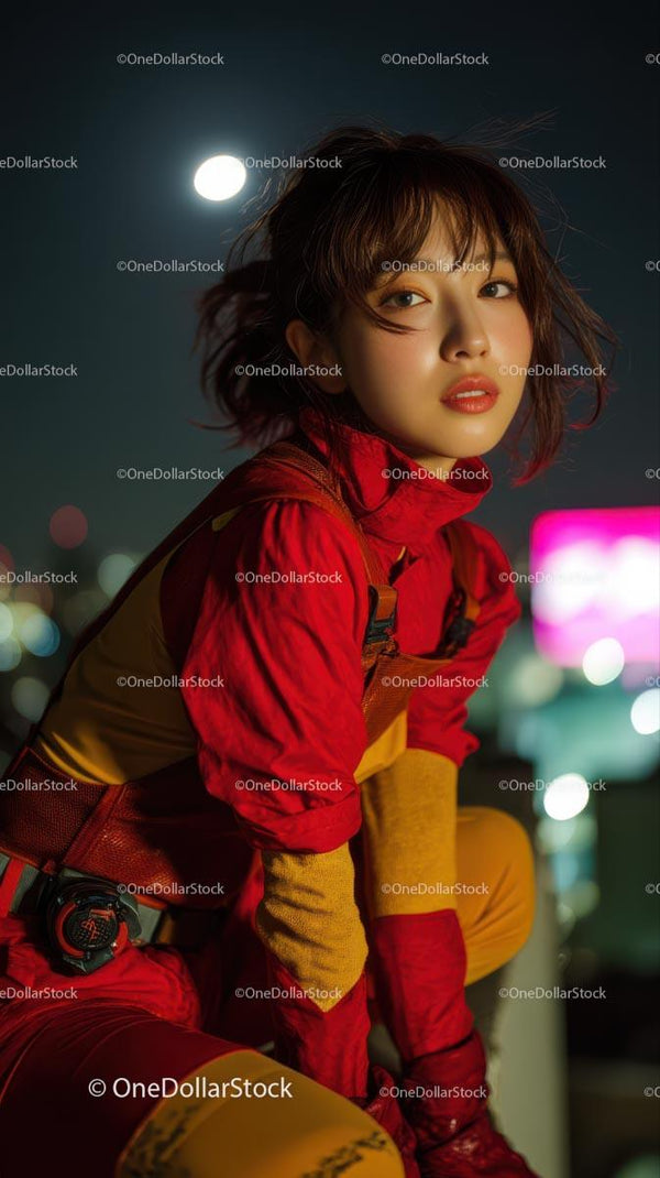 Young Woman in Red Outfit Under City Lights
