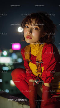 Young Woman in Vibrant Red Urban Outfit at Night