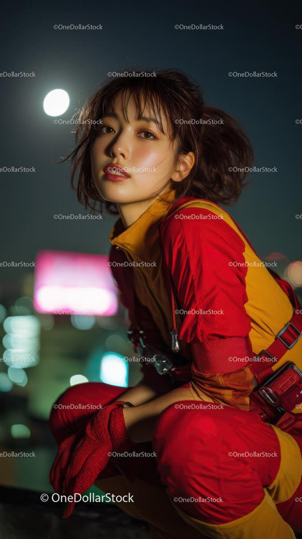 Woman in Red Jumpsuit Under Moonlit Cityscape