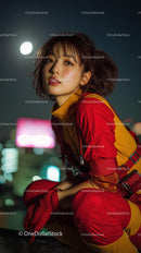 Young Woman in Vibrant Red Urban Outfit at Night