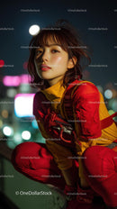 Young Woman in Vibrant Red Urban Outfit at Night
