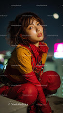 Young Woman in Vibrant Red Urban Outfit at Night