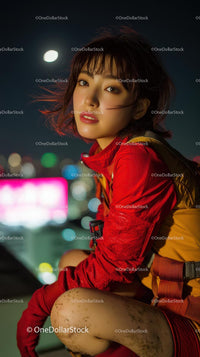 Young Woman in Vibrant Red Urban Outfit at Night
