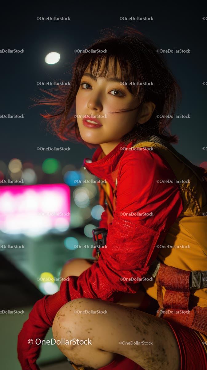 Young Woman in Vibrant Red Urban Outfit at Night