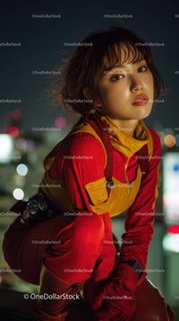 Young Woman in Vibrant Red Urban Outfit at Night