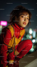 Young Woman in Vibrant Red Urban Outfit at Night