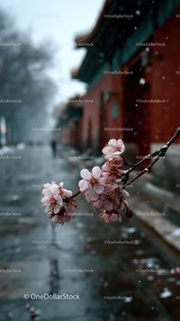 Cherry Blossoms Along a Tranquil Riverside Path in Spring