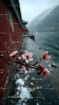 Snow-Covered Cherry Blossoms by Riverbank