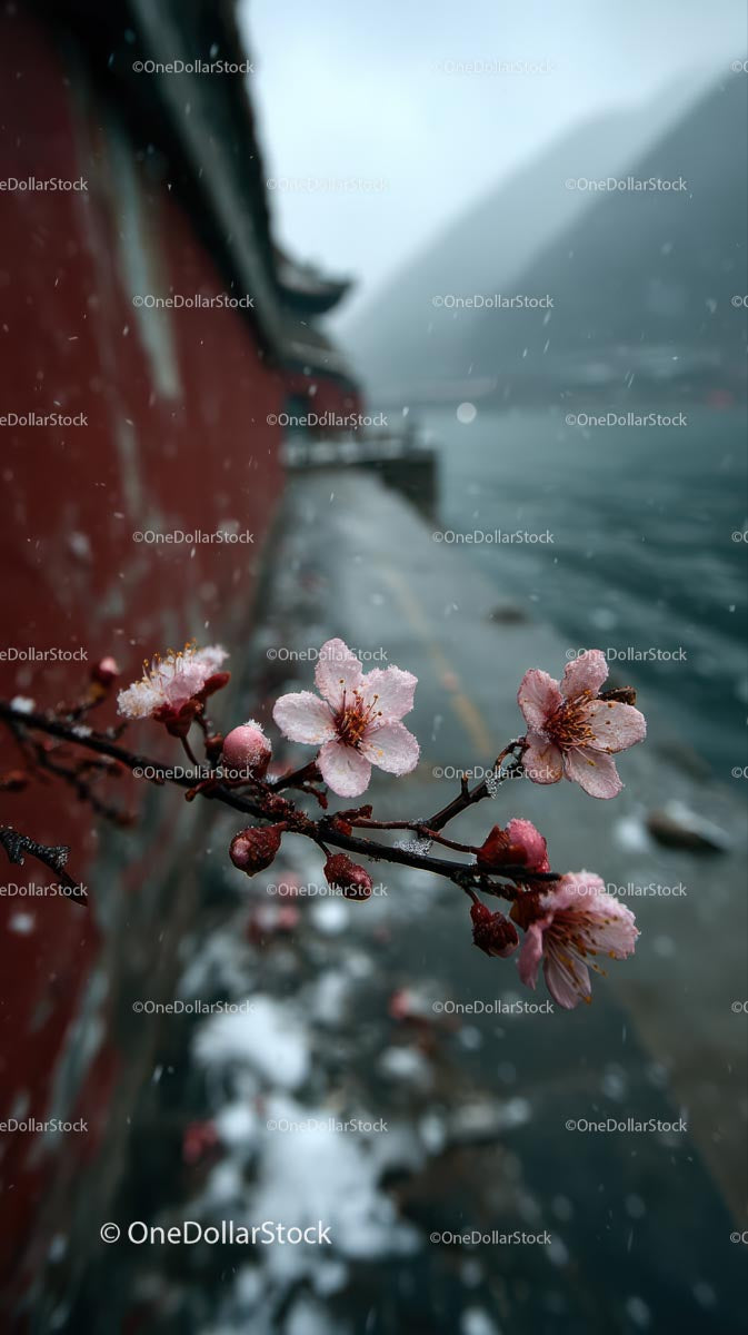 Snow-Covered Cherry Blossoms by Riverbank