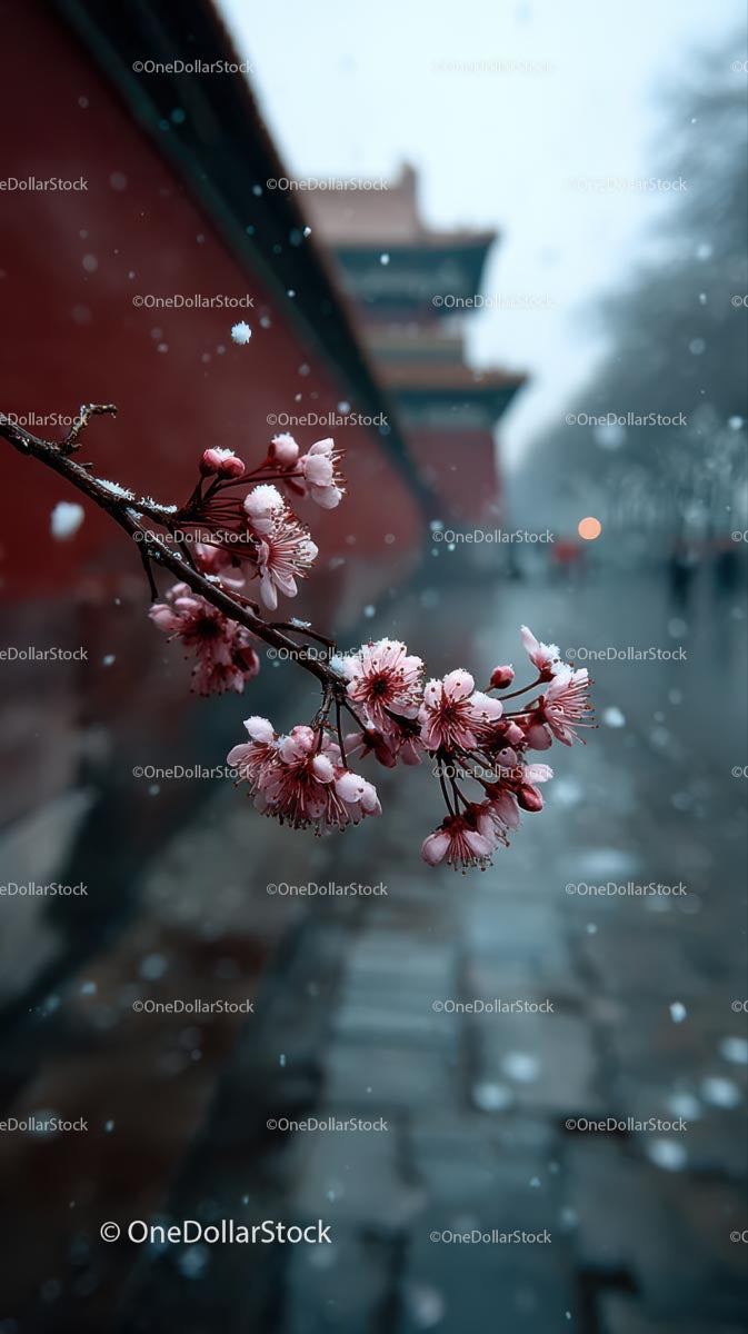 Cherry Blossoms in Winter Scenery with Historic Architecture