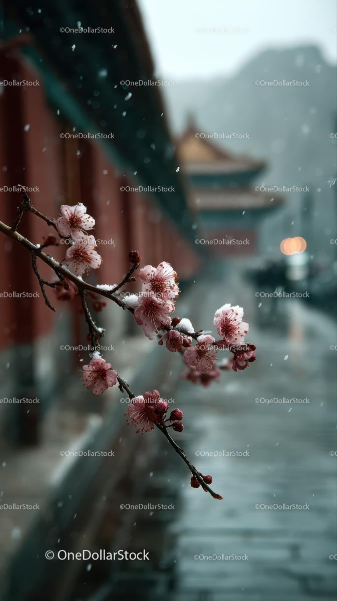 Cherry Blossoms in Winter Snowfall
