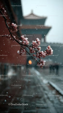 Cherry Blossoms in Snow Near Traditional Architecture