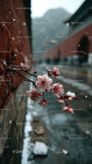 Enchanting Pink Blossoms with Snow in Urban Setting